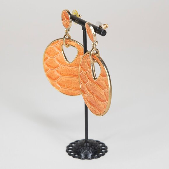 Orange Circle Shape With Cutout Animal Print Texture Faux Gold Trim‎ Earrings - Picture 4 of 11